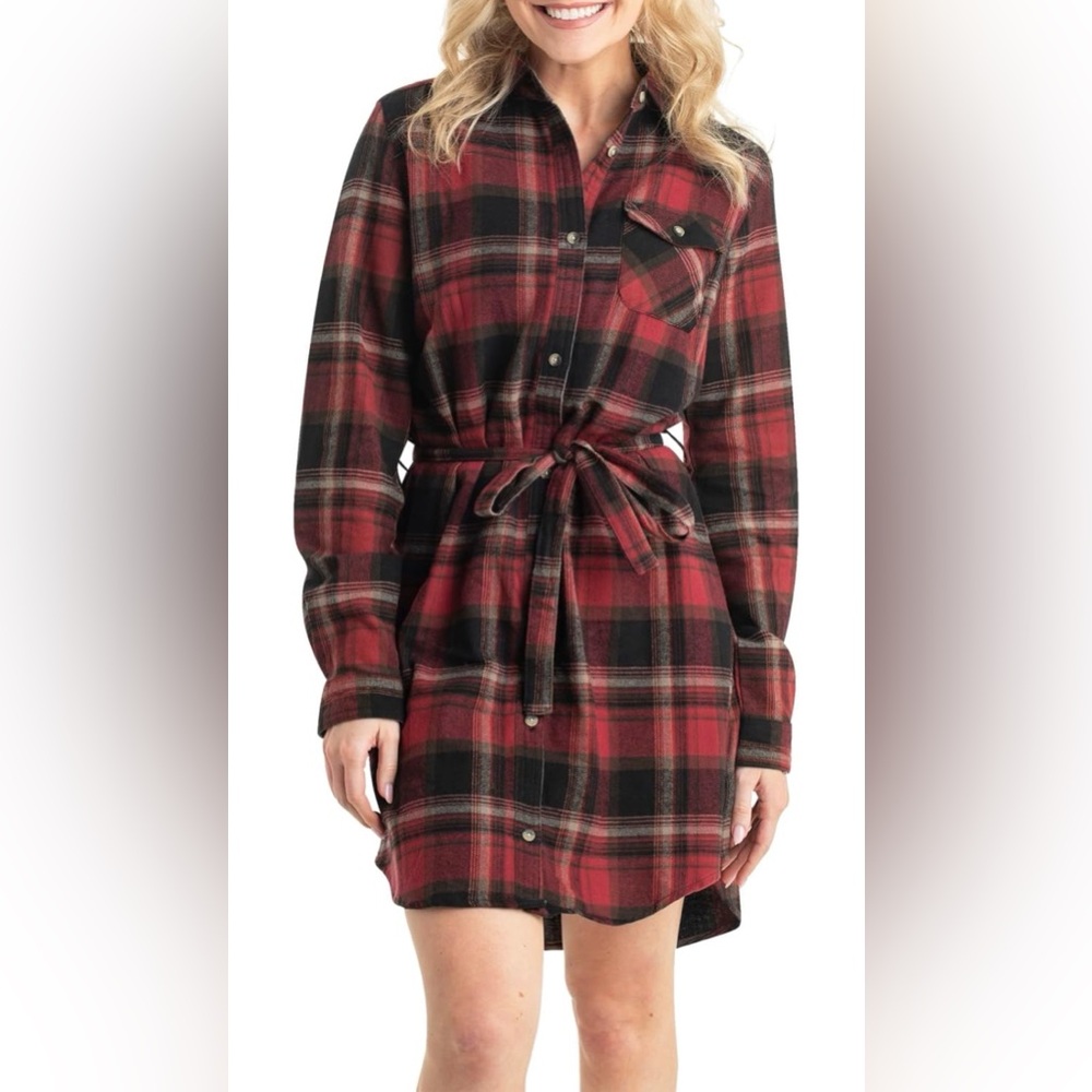 139 Red and Black Plaid Belted Shirt Dress